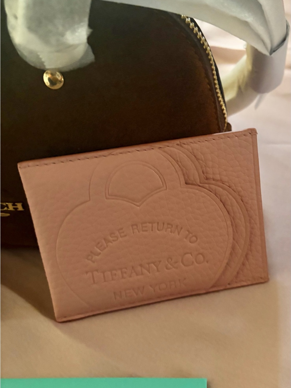 Coach Lara Mini Suede Satchel with Tiffany&Co Pink Leather Card Holder & Charm - Picture 3 of 10